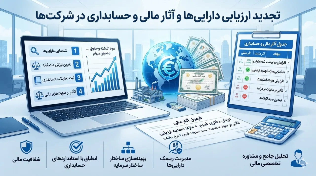 اینفوگرافیک مراحل تجدید ارزیابی دارایی‌ها و جریان اسناد حسابداری طبق استاندارد ۱۱